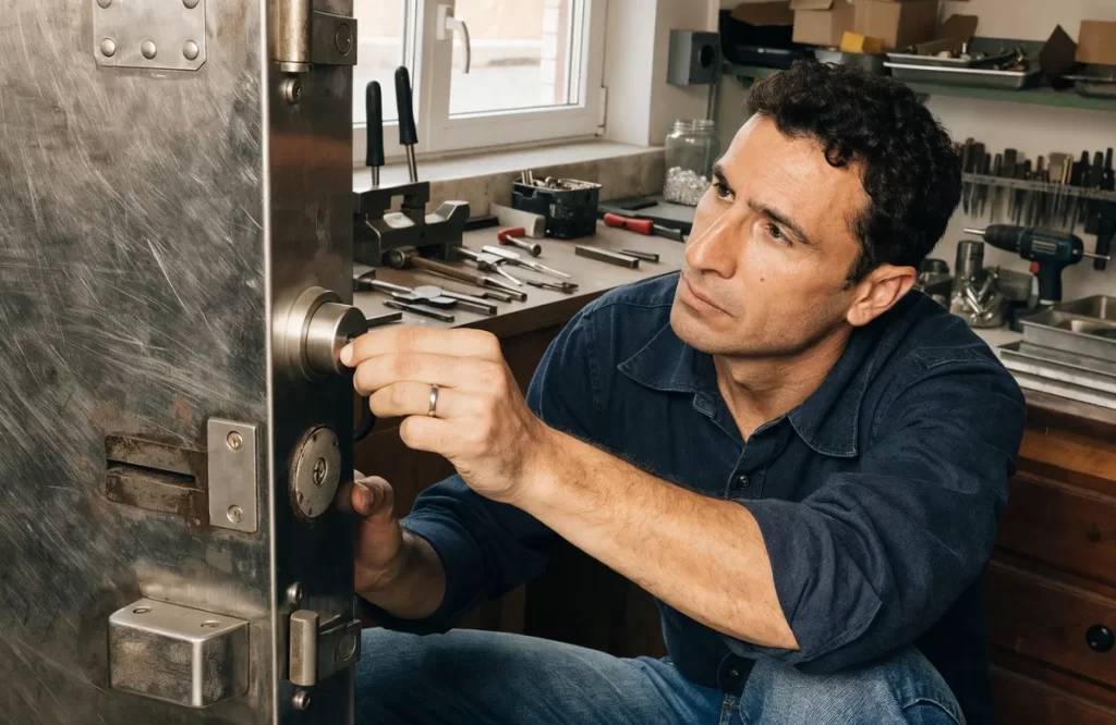 puerta metálica con puntos señalados: bombín, escudo, cerradero, cerrojo adicional, bisagras y zona de refuerzo